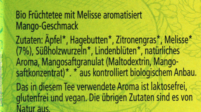 Bezeichnung + Zutaten, Meßmer Bio Mango Melisse