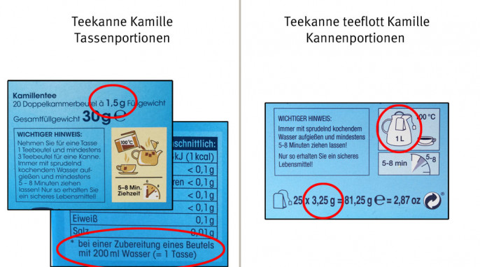 Füllmenge + Zubereitung, Teekanne Kamille Tassenportionen + Teekanne Teeflott Kamille, Kannenportionen 