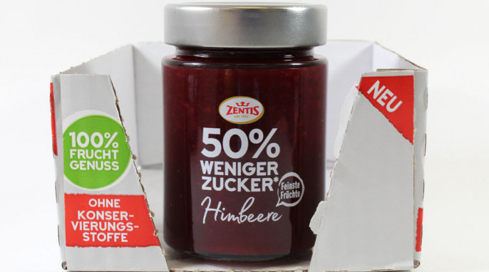 Werbung, Zentis 50 % Weniger Zucker* Himbeere 