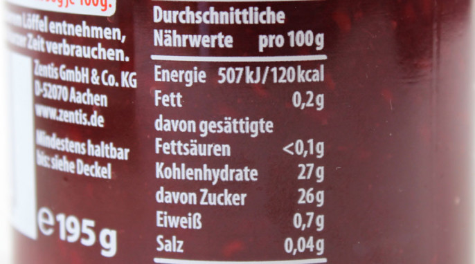 Nährwerte, Zentis 50 % Weniger Zucker* Himbeere