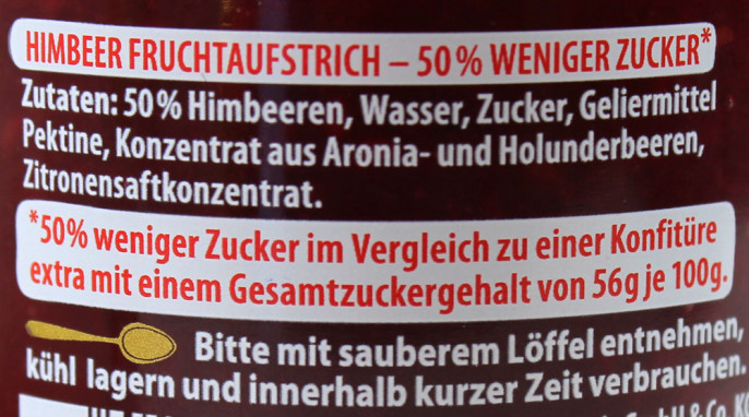 Zutaten + Bezeichnung + Erläuterung Zuckergehalt, Zentis 50 % Weniger Zucker* Himbeere