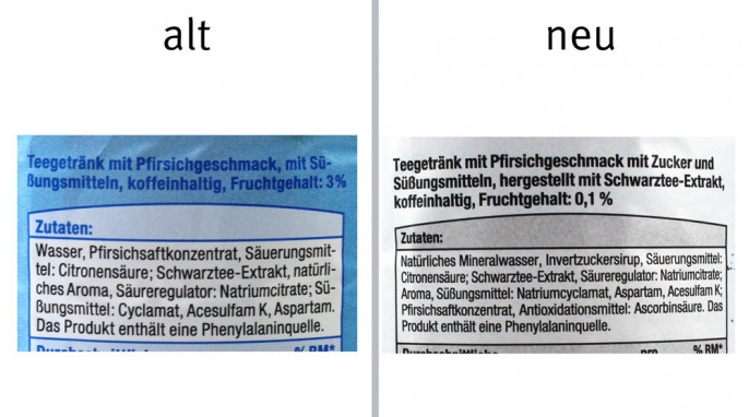 alt: Bezeichnung + Zutaten, Captains Tea Eistee zero mit Pfirsichgeschmack, neu: Bezeichnung + Zutaten, Captains Tea Eistee zero mit Pfirsichgeschmack