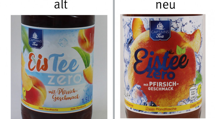 alt: Aufmachung, Captains Tea Eistee zero mit Pfirsichgeschmack, neu: Aufmachung, Captains Tea Eistee zero mit Pfirsichgeschmack