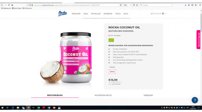 Angebot Kokosöl”, rockanutrition.de, Screenshot 09.09.2019