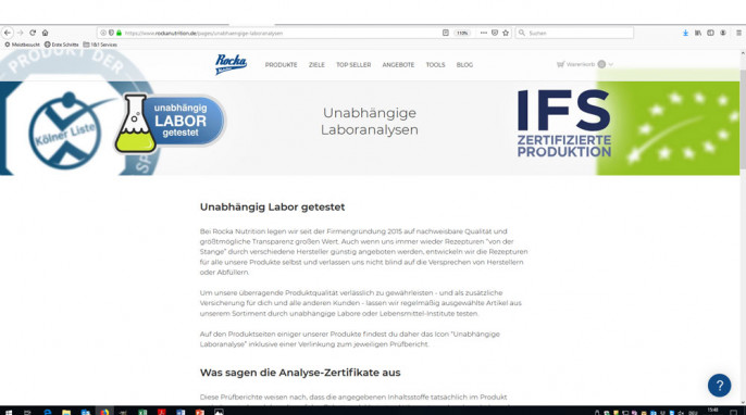 Unterseite “Unabhängige Laboranalysen”, rockanutrition.de, Screenshot 09.09.2019