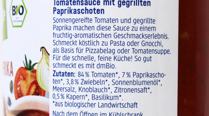 Bezeichnung + Zutaten: dm Bio Tomatensauce Gegrillte Paprika