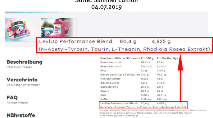 Nährwertangaben, LevlUp Gaming Booster, Beispiel Sorte Sommer Edition, levlup.de, 04.07.2019