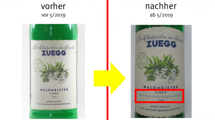 alt: Zuegg Waldmeister Sirup, vor 5/2019; neu: ab 5/2019, Herstellerfoto