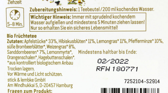 Bezeichnung + Zutaten, Rewe Feine Welt Sanddorn und Weizengras 