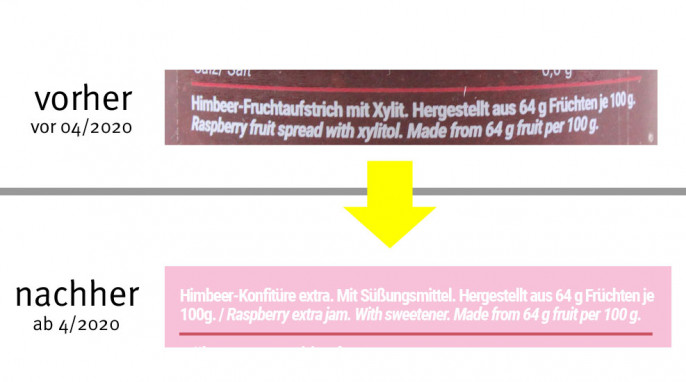 alt: Bezeichnung, foodspring Fruit Jam Himbeere 2019; neu: Bezeichnung, foodspring Extra Jam ab Frühjahr 2020, Herstellerfoto