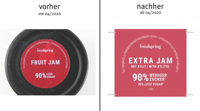 alt: Deckel, foodspring Fruit Jam Himbeere 2019; neu: Deckel, foodspring Extra Jam ab Frühjahr 2020, Herstellerfoto