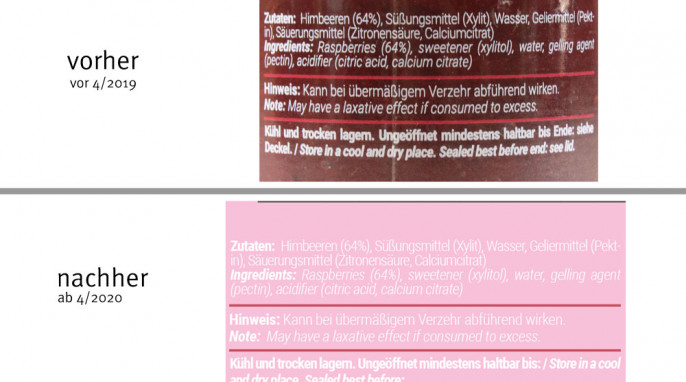 alt: Zutaten, foodspring Extra Jam Himbeere 2019; neu: Zutaten foodspring Extra Jam Himbeere ab Frühjahr 2020, Herstellerfoto