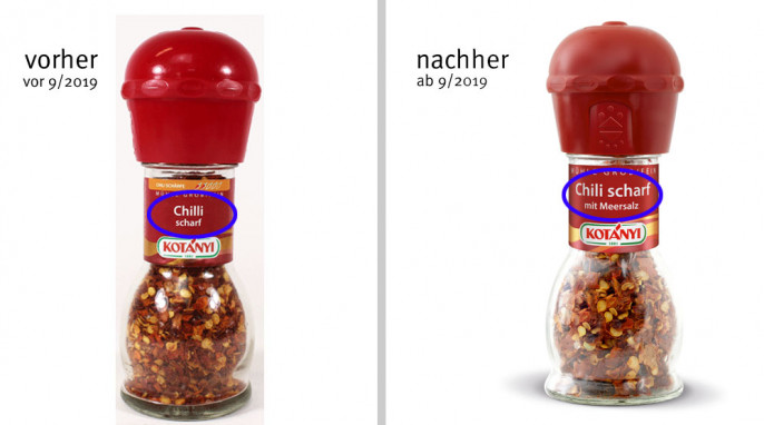 alt: Kotanyi Chilli scharf, vor 09/2019; ab 09/2019; Herstellerfoto