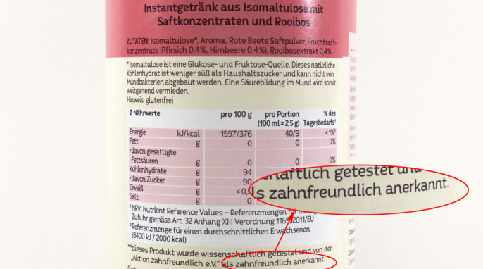 Hinweis „zahnfreundlich“, Babydream Früchtetee, Instantgetränk mit Isomaltulose