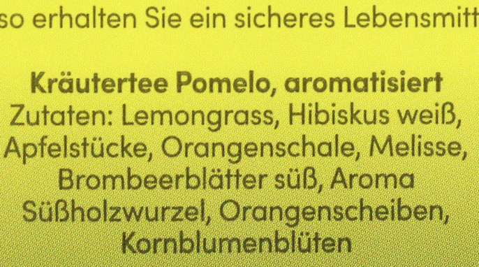 Bezeichnung + Zutaten, Kräutertee Pomelo Mischung aromatisiert 