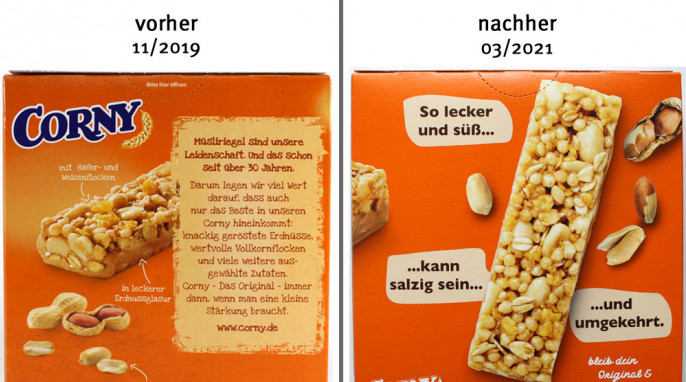 alt: Rückseite, Corny süß & salzig Erdnuss 11/2019; neu: 2021