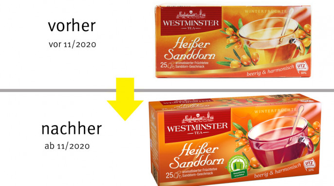 alt: Westminster Tea Heißer Sanddorn, vor 11/20, neu: ab 11/20, Herstellerfoto