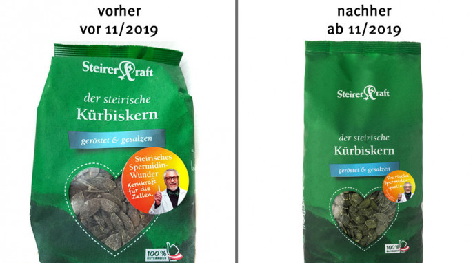 alt: Estyria Steirer Kraft der steirische Kürbiskern, vor November 2019; neu: ab November 2019 (Herstellerfoto)