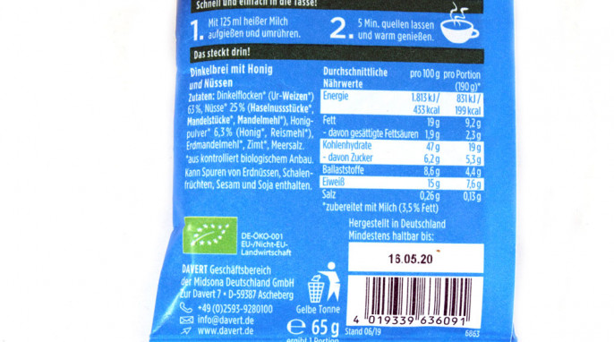 Nährwerte, Davert Dinkel Porridge Cup Honig-Nuss