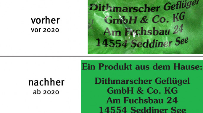 alt: Adresse, Dithmarscher Geflügel Junge Gans, vor Charge 34100/2020; neu: ab Charge 34100/2020