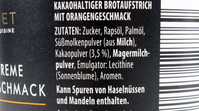 Bezeichnung und Zutaten, Gourmet Finest Cuisine Pralinécreme Orangengeschmack