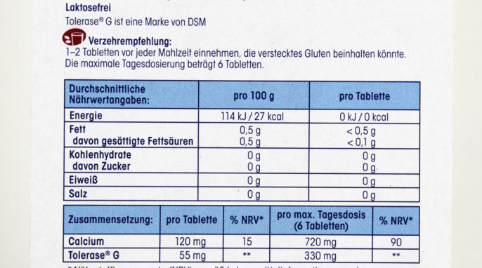 Nährwerte und Verzehrsempfehlung, dm Mivolis Gluten-Verdauungshelfer  