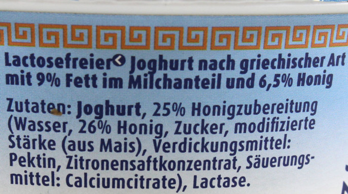 Zutaten, Schwarzwaldmilch LAC Joghurt mit Honig