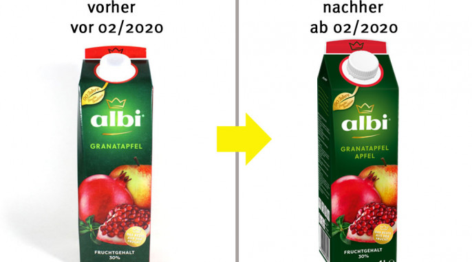 alt: Albi Granatapfel, bis Februar 2020; neu: Albi-Granatapfel-Apfel, ab Februar 2020, Herstellerfoto