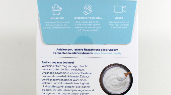 Beschreibung Verpackungsrückseite, Fairment Veganer Joghurt zum selber machen 