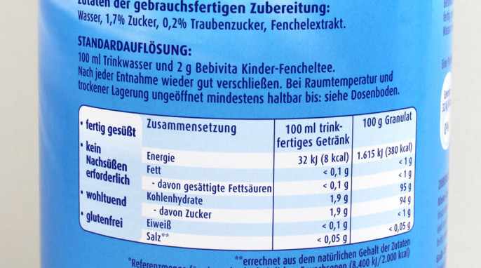 Vom Markt genommen: Zutaten + Nährwerte, Bebivita Kinder-Fencheltee