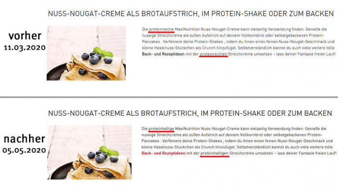 Werbung „proteinreich“, auf maxinutrition.de, 11.03.2020 und 05.05.2020