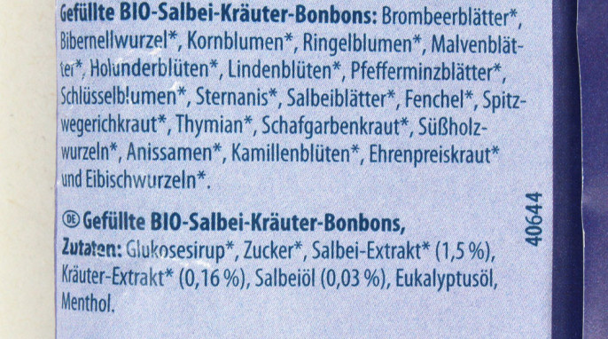 Zutaten, Alpenbauer Salbei Kräuter Bio-Bonbons