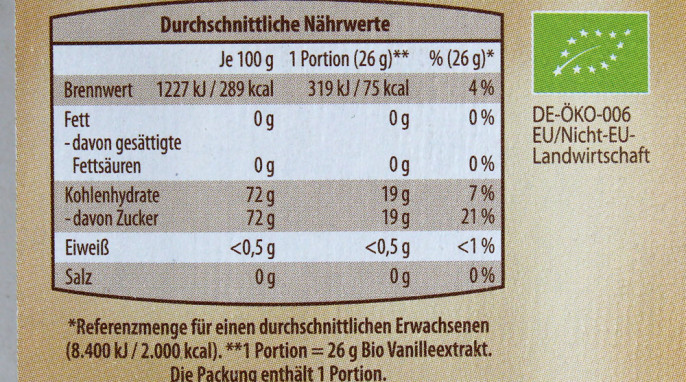 Nährwertangaben, GutBio Bio Vanille Extrakt