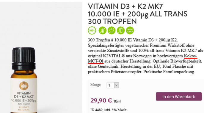 Angebot Vitamin D3 + K2 MK7 10.000 IE + 20 µg auf sunday.de, 01.04.2020