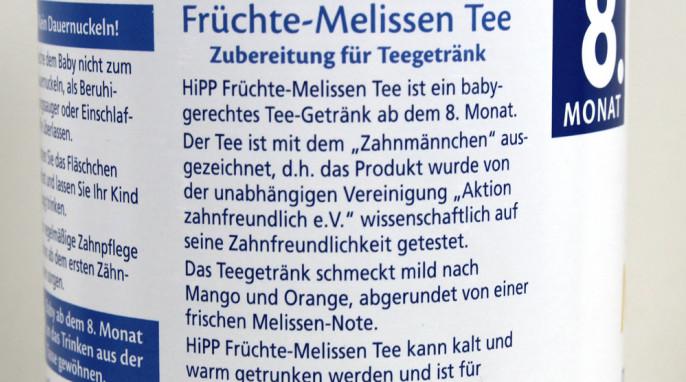 Vom Markt genommen: Bezeichnung + Beschreibung, Hipp Früchte-Melissen Tee