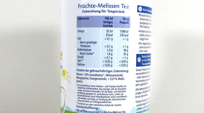 Vom Markt genommen: Zutaten + Nährwerte, Hipp Früchte-Melissen Tee