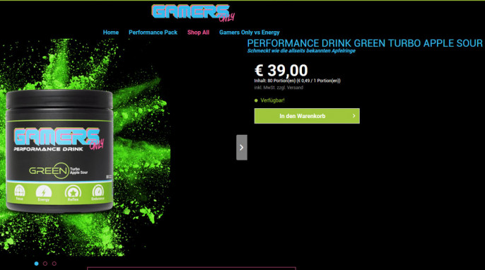 Gamers Only Performance Drink, Beispiel Sorte Green Turbo Apple Sour, gamersonly.com, 16.04.2020 
