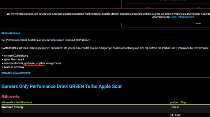 Beschreibung, Gamers Only Performance Drink, Beispiel Sorte Green Turbo Apple Sour, gamersonly.com, 16.04.2020 