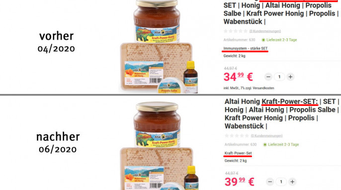 alt: Angebot, Altai Honig Antivirus-Set, kaufbei.tv, 16.04.2020; neu: Altai Honig Kraft-Power-Set, 04.06.2020