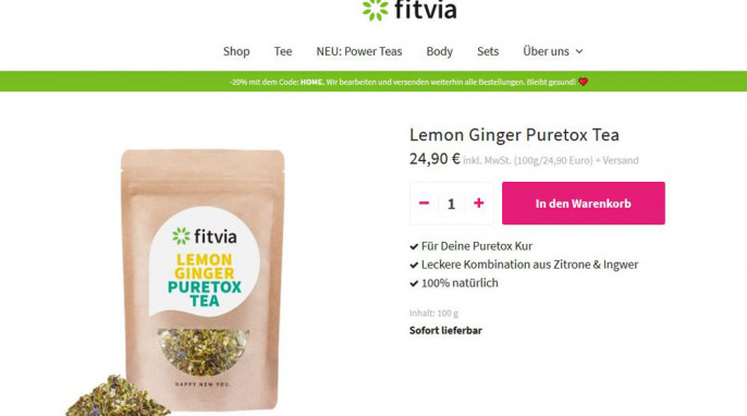 Angebot fitvia Lemon Ginger Puretox Tea auf fitvia.de, 23.04.2020