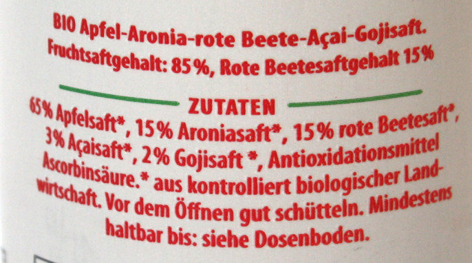 Zutaten, Solevita Bio Aronia Rote Beete Shot