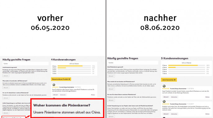 Vorher: Häufige Fragen Bio-Pinienkerne, reishunger.de, 06.05.2020 ; neu: 08.06.2020