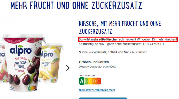 Alpro mehr Frucht ohne Zuckerzusatz Kirsche, alpro.com, 17.04.2020