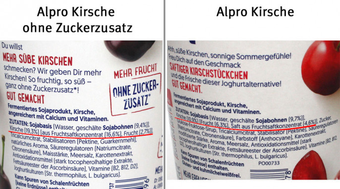 Zutaten, Alpro mehr Frucht ohne Zuckerzusatz Kirsche und Alpro Kirsche 