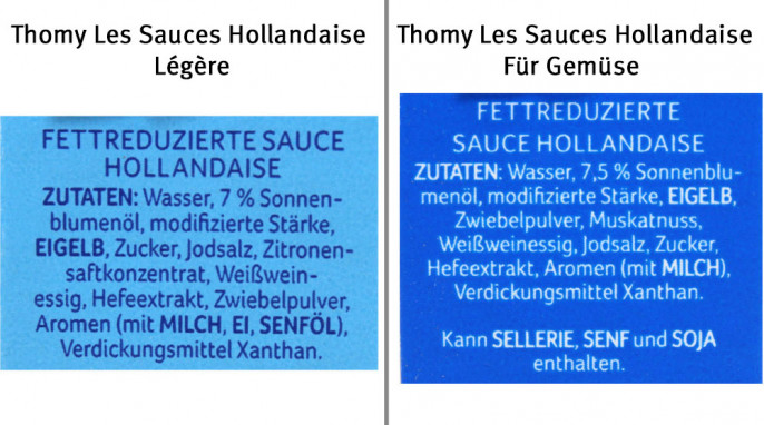 Zutaten, Thomy Les Sauces Hollandaise légère und Thomy Les Sauces Hollandaise, Sorte für Gemüse