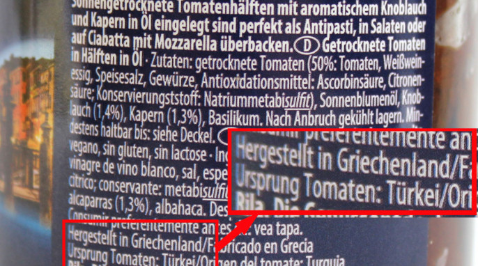 Herkunftsangabe, Leverno Getrocknete Tomaten in Hälften