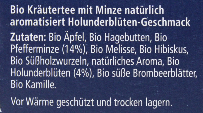 Bezeichnung und Zutaten, Meßmer Bio Holunderblüte Minze