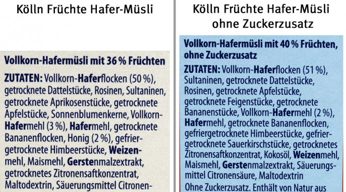 Zutaten, Kölln Früchte Hafer-Müsli ohne Zuckerzusatz und Kölln Früchte Hafer-Müsli