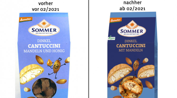alt:Sommer Dinkel Cantuccini Mandeln und Honig, bis 02/2021; neu: Dinkel Cantuccini mit Mandeln, ab 02/2021