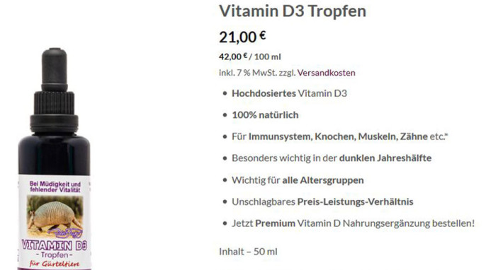 Robert Franz Vitamin D3 Tropfen für Gürteltiere, robert-franz-naturprodukte.de, 23.06.2020